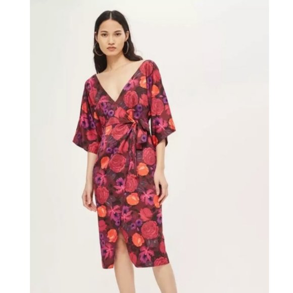 Topshop Dresses & Skirts - Topshop Kimono Wrap Midi Dress Floral Tie Wedding Guest Event V-Neck Belted - 8